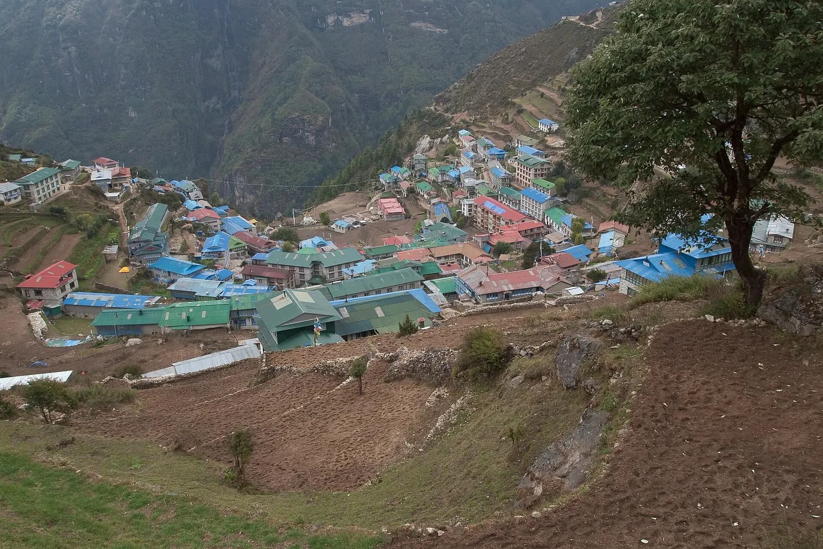 Namche Bazaar spread across its hillside