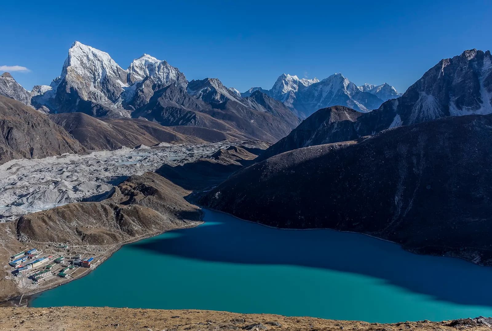 Gokyo Lake and the village of Gokyo below the peaks of the Everest region, Nepal