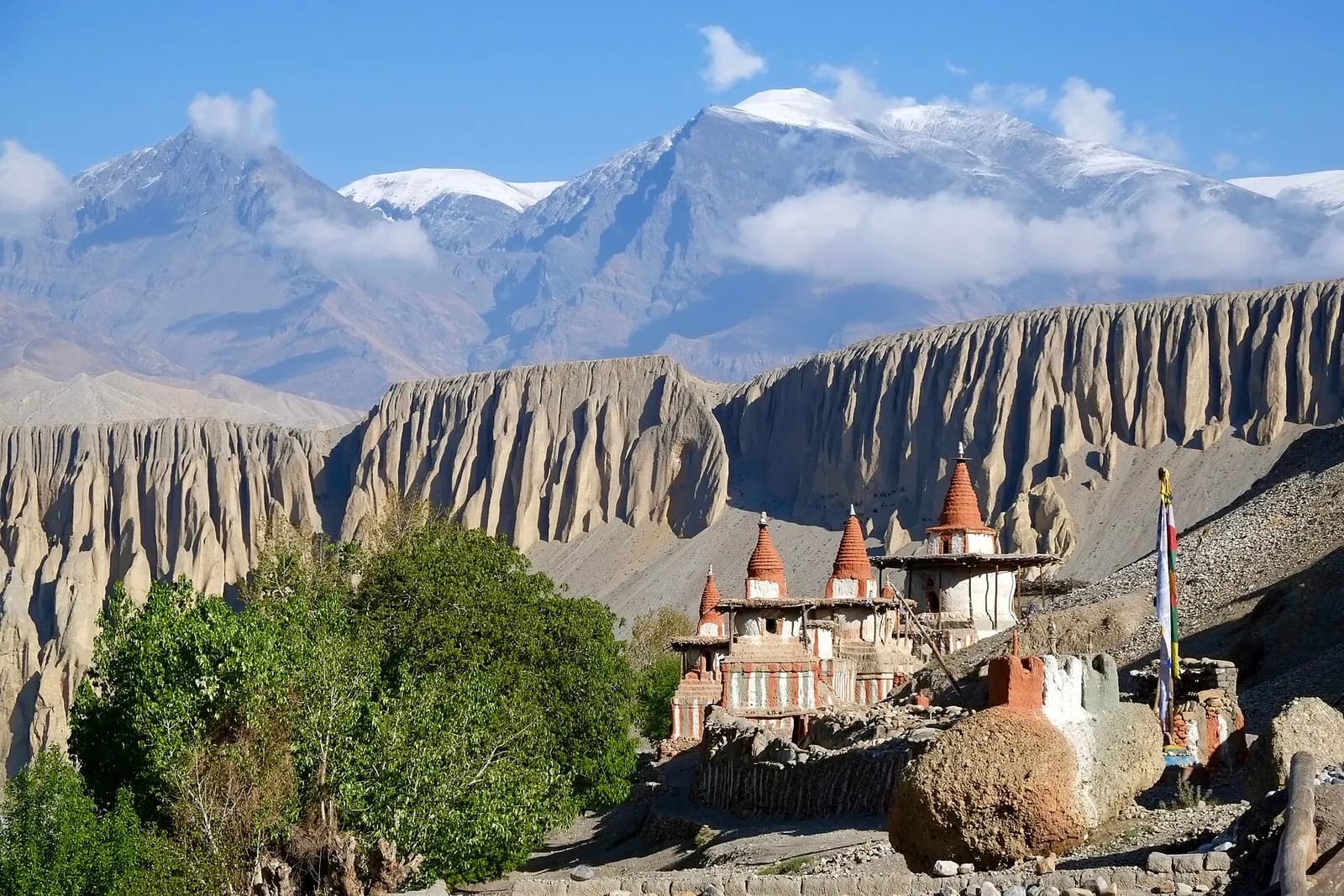 Chortens below the eroded cliffs of Tangye in Upper Mustang, Nepal