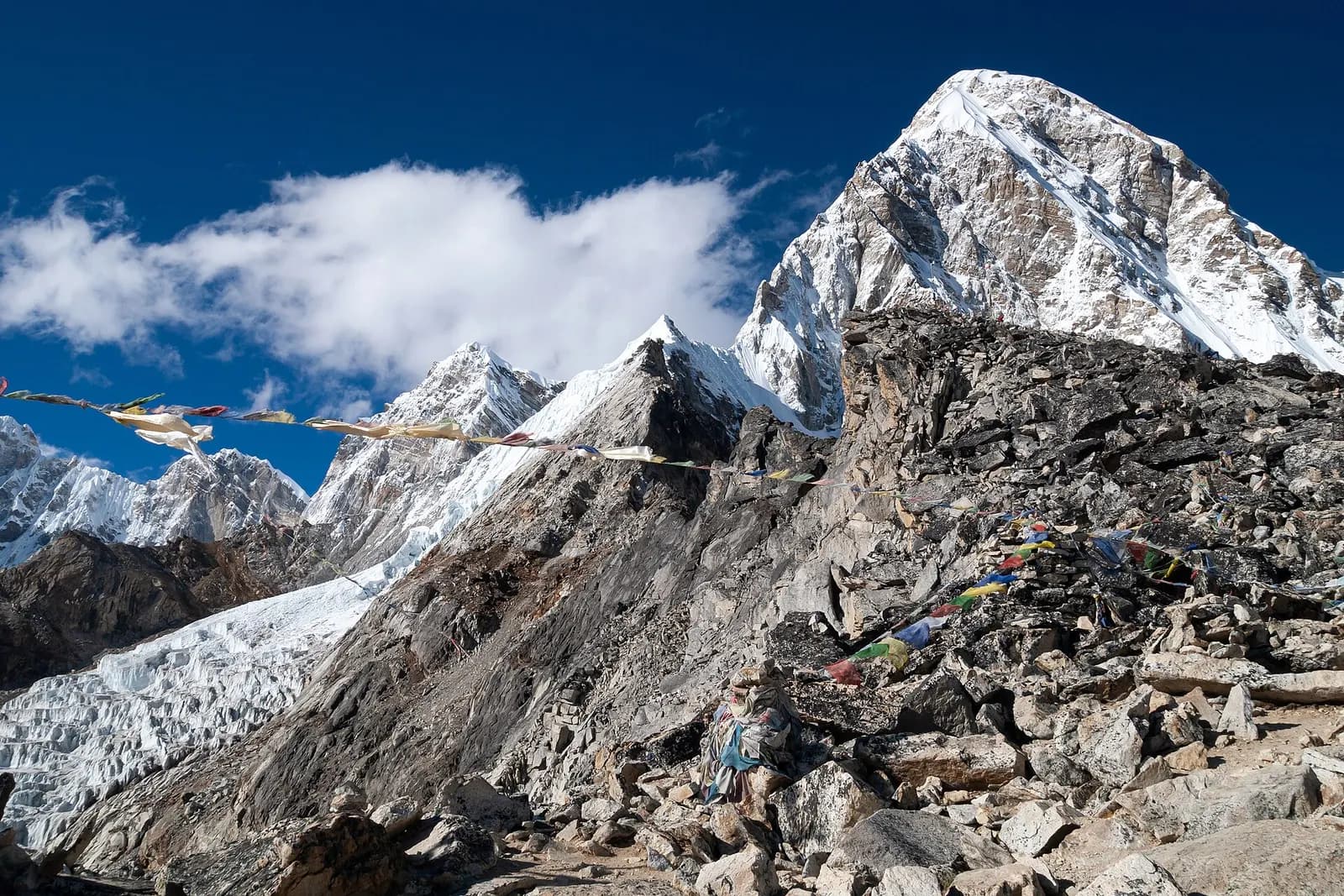 Prayer flags below Pumori on the way up Kala Patthar