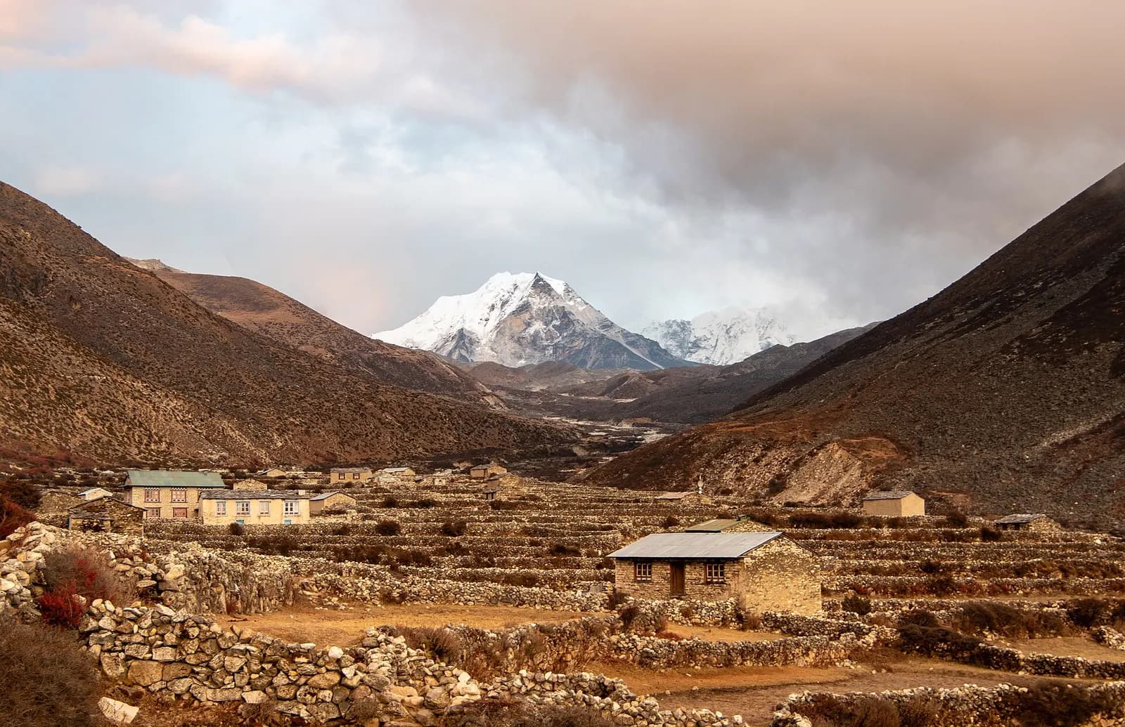 Stone houses and walled fields at Dingboche with Island Peak behind