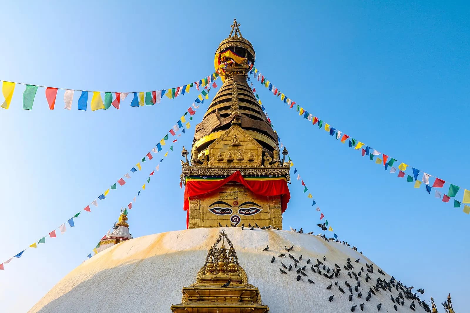 Prayer flags and the golden spire of Swayambhunath